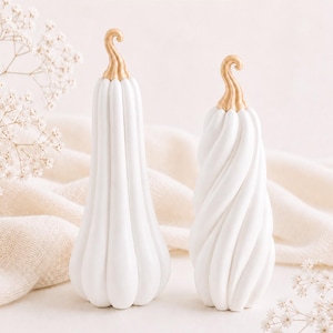 Puede incluir: Dos calabazas decorativas blancas con tallos dorados, una con estrías verticales y otra con un diseño en espiral. El texto MR. PUMPY & MR. SPINAROUND está centrado sobre las calabazas, acompañado de un pequeño icono floral.
