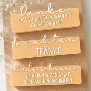 Può includere: Tre blocchi rettangolari color arancione chiaro con testo bianco disposti su una tavola di legno. Il testo recita: Danke DASS DU MIR BEIM WACHSEN GEHOLFEN HAST, Insekten TRÄNKE e beste Lehrerin SIE HABEN WISSEN GESÄT, ICH TRAGE NUN DIE BLÜTEN.