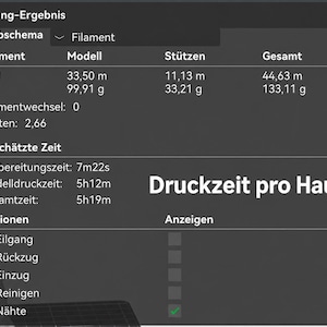 May include: A digital interface displaying 3D printing slicing results. The screen shows data for filament usage, including 33.50 m for the model and 11.13 m for supports, totaling 44.63 m. It lists estimated times, including a total print time of 5h19m.