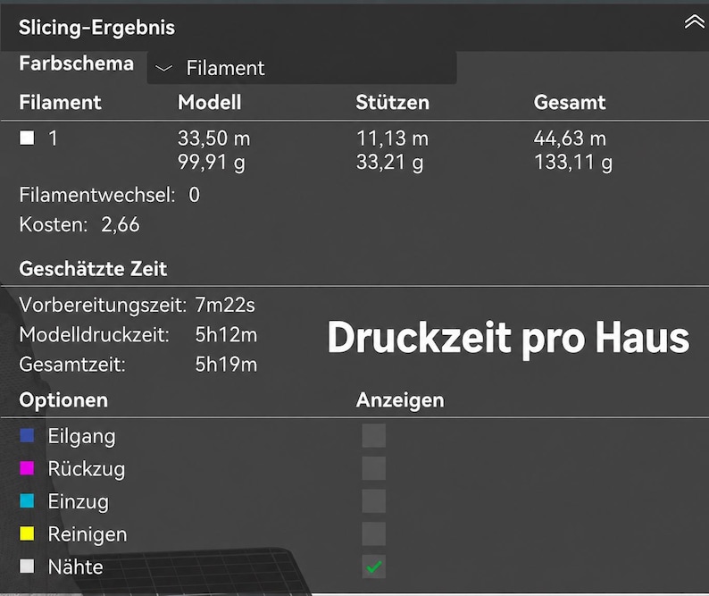 May include: A digital interface displaying 3D printing slicing results. The screen shows data for filament usage, including 33.50 m for the model and 11.13 m for supports, totaling 44.63 m. It lists estimated times, including a total print time of 5h19m.