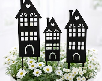 Blumenstecker Häuser Set 3er – 3D Druck Datei STL & 3MF | Gartenstecker für Pflanztopf/Beet/Balkon | Cottagecore Haus Silhouette | Download