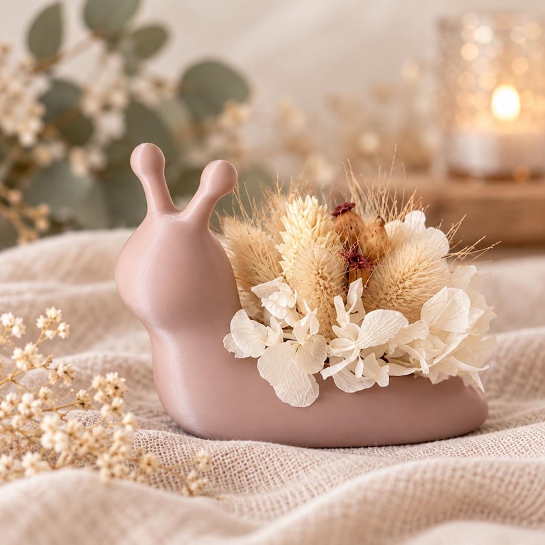 Op de afbeelding: Een gladde, matte mauve slakvormige keramische plantenbak gevuld met een arrangement van gedroogde beige grassen, witte hortensiabloemblaadjes en kleine bruine zaaddoosjes, wat een decoratief object vormt met een zacht, neutraal kleurenpalet.