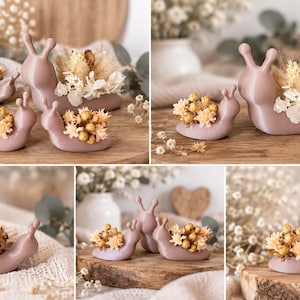 Op de afbeelding: Een collectie gladde, mauvekleurige slakvormige plantenbakken in verschillende maten. Elke slak heeft een holle schelpruimte gevuld met een arrangement van gedroogde bloemen in tinten cr&egrave;me, beige en lichtgeel, inclusief kleine bloesems en grassen.