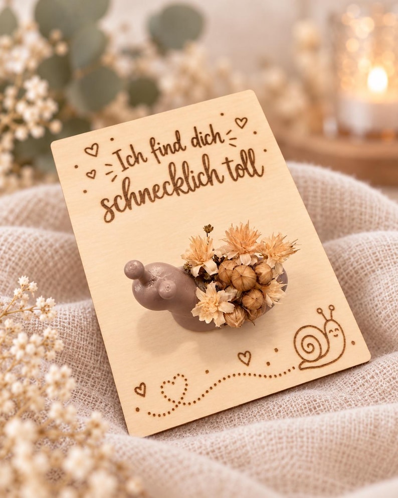 Op de afbeelding: Een lichtbruin slakvormig figuurtje met een bosje gedroogde beige bloemen op de rug, bevestigd op een rechthoekige houten kaart. De kaart bevat de lasergegraveerde Duitse tekst 'Ich find dich schnecklich toll', kleine hartjes en een slakillustratie.