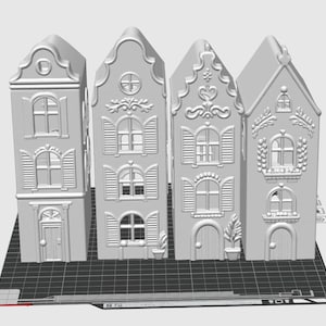 May include: A set of four white 3D-printed miniature buildings with detailed facades, arched windows, shutters, and decorative gables. Each structure features distinct architectural elements including doors, window boxes, and ornate carvings on a grid base.