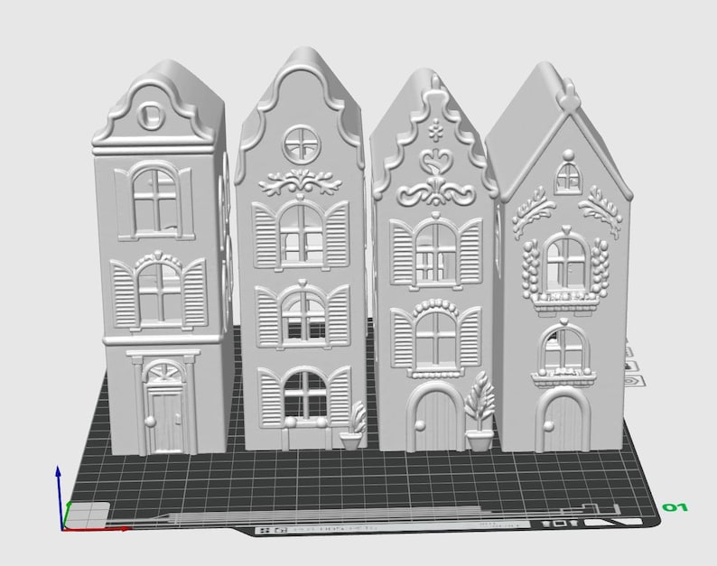 May include: A set of four white 3D-printed miniature buildings with detailed facades, arched windows, shutters, and decorative gables. Each structure features distinct architectural elements including doors, window boxes, and ornate carvings on a grid base.