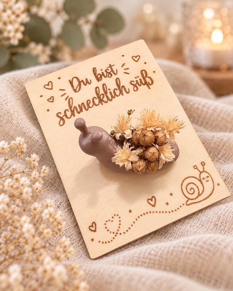 Op de afbeelding: Een rechthoekige houten kaart met de lasergegraveerde tekst "Du bist schnecklich s&uuml;&szlig;" en kleine hartjes. Een kleine, gladde, mauvekleurige slakfiguur is op de kaart bevestigd en draagt een bosje gedroogde beige bloemen.