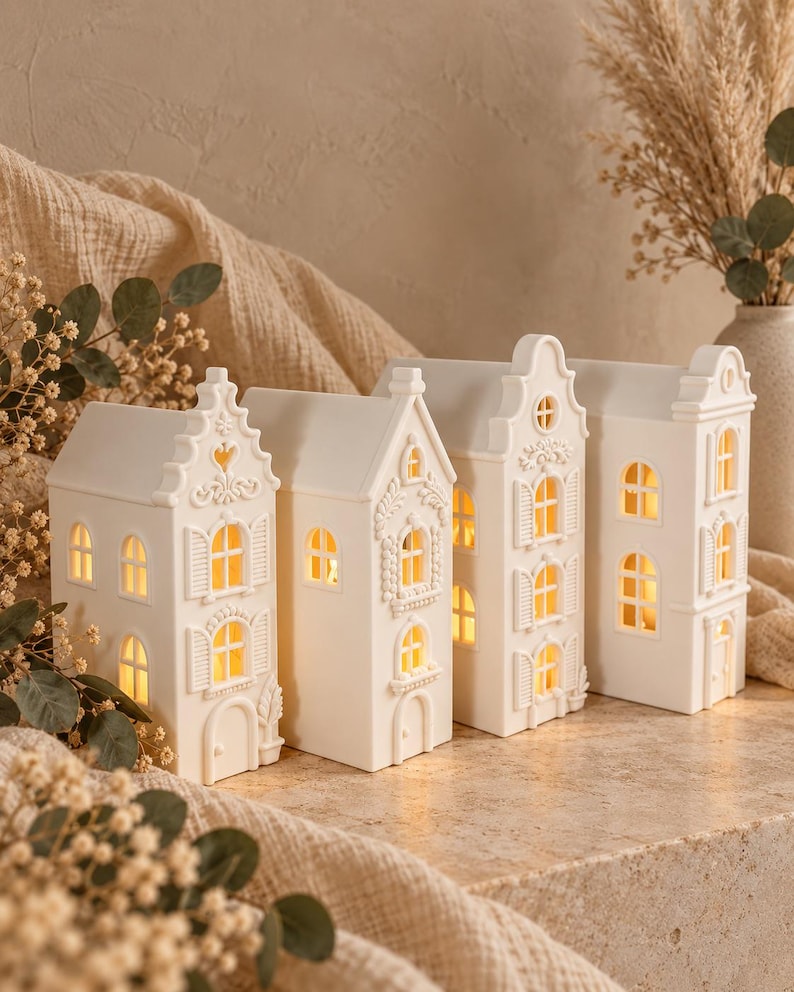 May include: A set of four white ceramic house-shaped lanterns with intricate architectural details including arched windows, shutters, and decorative gables. Each structure features cut-out openings that emit a warm, soft yellow glow from within.