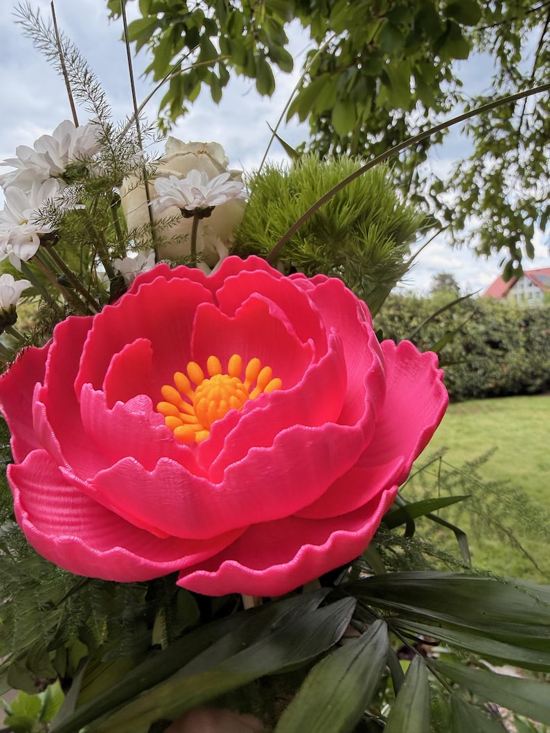 May include: A vibrant bouquet featuring a large, bright pink peony with a yellow center. The arrangement includes white daisies, a white rose, and green foliage. The flowers are set against a backdrop of green grass and trees.
