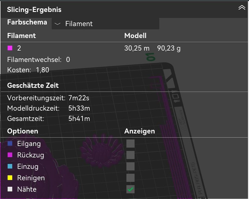 May include: A dark screen displays 3D printing information. Text includes "Slicing-Ergebnis", "Filament", and "Gesch&auml;tzte Zeit". The model uses 30.25 meters of filament, weighing 90.23 grams. Estimated print time is 5 hours and 41 minutes.