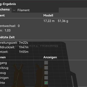 Op de afbeelding: Een digitale interface met slicing-resultaten voor 3D-printen. Het scherm toont een filamentverbruik van 17,22 m en 51,36 g, nul filamentwisselingen en een geschatte totale tijd van 1u 55m. Opties zijn onder meer Eilgang, R&uuml;ckzug, Einzug, Reinigen en N&auml;hte.