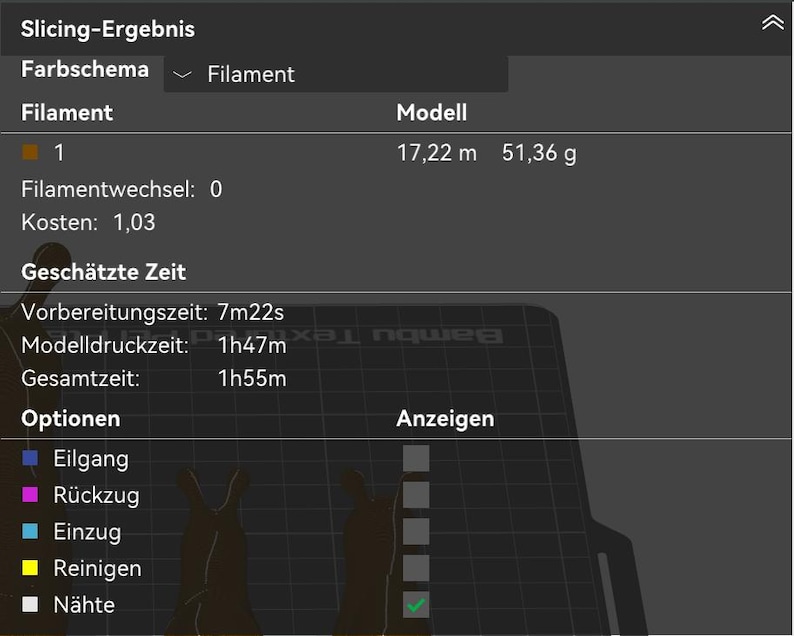 Op de afbeelding: Een digitale interface met slicing-resultaten voor 3D-printen. Het scherm toont een filamentverbruik van 17,22 m en 51,36 g, nul filamentwisselingen en een geschatte totale tijd van 1u 55m. Opties zijn onder meer Eilgang, R&uuml;ckzug, Einzug, Reinigen en N&auml;hte.