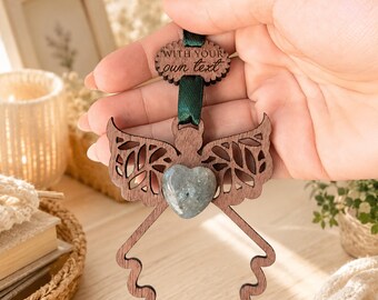 Guardian Angel Story Card Wooden Ornament with Healing Crystal Heart, Memorial or Sympathy Gift, Christmas Angel Keepsake, Always wth you
