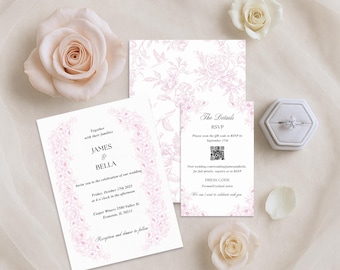 Blush Floral Wedding Invitation Template, Canva Editable Suite (Digital Download)