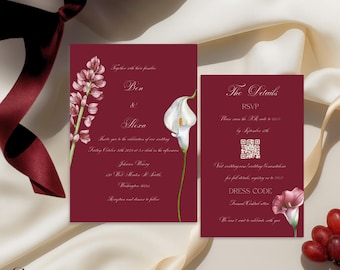 Burgundy Floral Wedding Invitation Template, Canva Editable Suite (Digital Download)