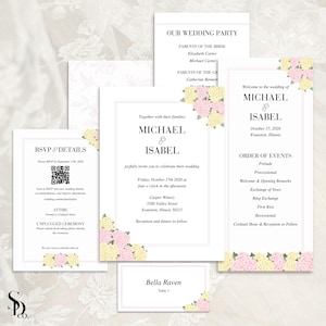 Può includere: Un set di cancelleria per matrimoni composto da cartoncini bianchi con decorazioni floreali rosa e gialle. Il set include un invito per Michael e Isabel, una scheda RSVP con codice QR, un programma, una lista degli sposi e un segnatavolo.