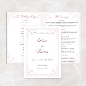 May include: A white wedding programme booklet featuring dark pink script text. The front cover reads Welcome to the wedding of Oliver & Lauren, Friday, October 17th 2025, Gordon Winery, Evanston, Iowa, framed by a delicate light pink floral border.