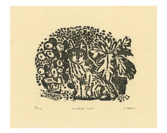 JUNGLE CAT - Brown Woodcut Relief Print