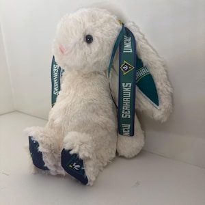 May include: A plush white bunny rabbit with a pink nose and black eyes. The bunny has a ribbon around its ears with the text "UNCW SEAHAWKS" in white on a teal background. The bunny's feet have a teal and navy blue pattern.