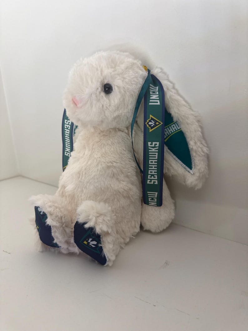 May include: A plush white bunny rabbit with a pink nose and black eyes. The bunny has a ribbon around its ears with the text "UNCW SEAHAWKS" in white on a teal background. The bunny's feet have a teal and navy blue pattern.
