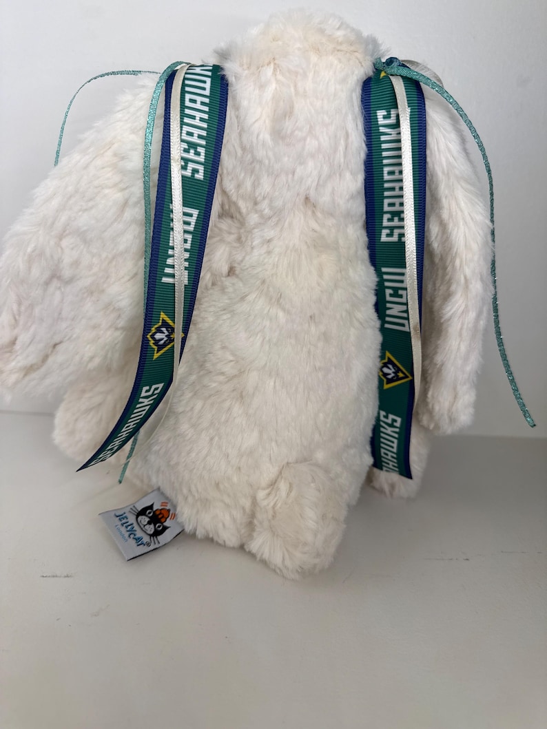 May include: A fluffy, off-white stuffed animal with two ribbons attached to its back. The ribbons are white, teal, and dark green, with the text "UNCW SEAHAWKS" printed on them. A small tag with a cat logo is visible.