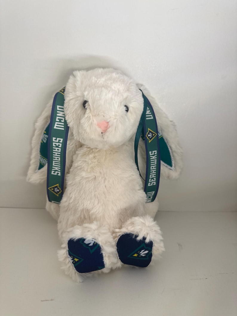 May include: A plush white bunny with long ears and a pink nose. The bunny has a green and navy blue ribbon around its ears with the text "UNCW SEAHAWKS". The bunny's feet are navy blue with a green and white design.