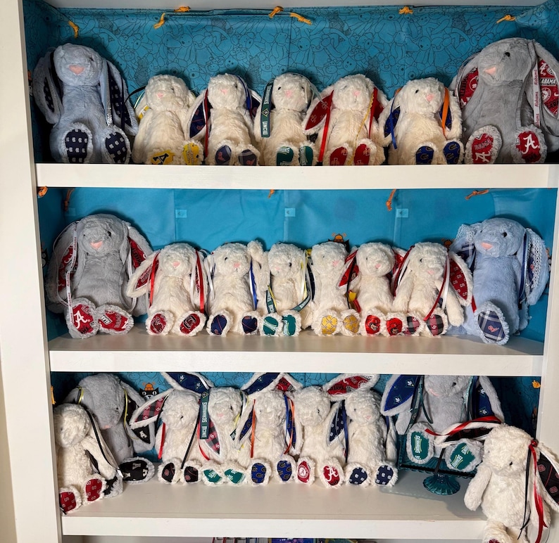 May include: A collection of plush bunny rabbits in various colors, arranged on shelves. The bunnies have long floppy ears and are decorated with ribbons and patches. Some bunnies are gray, others are white, and some have patterned ears.