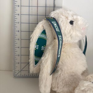May include: A plush white bunny with a green and navy blue ribbon around its ears. The ribbon has the text "UNCW SEAHAWKS" printed on it. The bunny's ear lining is green with the text "HAWKS SE" printed on it.