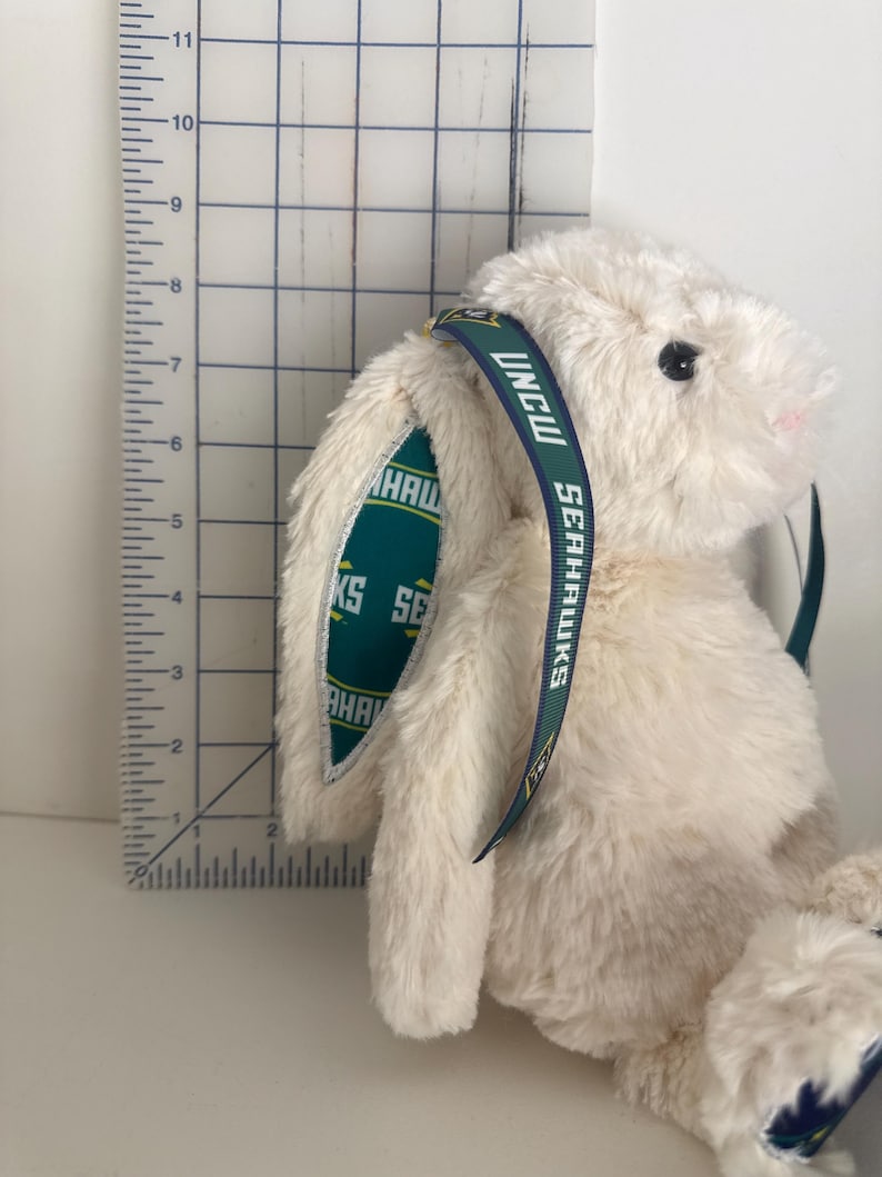 May include: A plush white bunny with a green and navy blue ribbon around its ears. The ribbon has the text "UNCW SEAHAWKS" printed on it. The bunny's ear lining is green with the text "HAWKS SE" printed on it.