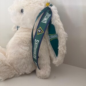 May include: A plush, cream-colored bunny with long ears. The bunny has a tag with the text "UNCW SEAHAWKS" in white lettering on a dark green ribbon. The bunny's eyes are black, and it has a soft, fluffy texture.