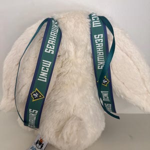 May include: A cream-colored plush bunny with long ears. The bunny has two green and navy blue ribbons attached to its back, each printed with "UNCW SEAHAWKS" and a logo. A small tag with a cat logo is attached to the bunny.