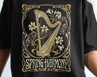 Vintage Floral Harp T-Shirt, Art Nouveau Musician Spring Harmony Tee