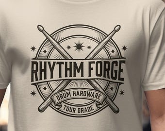 Camiseta Vintage Drum Badge, Camiseta de Percussão Rhythm Forge