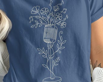 Floral Vintage Mic, Botanical Music Shirt, Boho Singer Tee, Retro T-Shirt for Women, Minimalist Musician Gift for Her, Comfort Colors