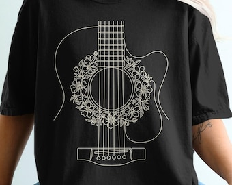 Guitar Soundhole Wreath, Acoustic Music T-Shirt, Gift For Singer, For Men And Women, Boho Musician Tee, Retro Comfort Colors Shirt