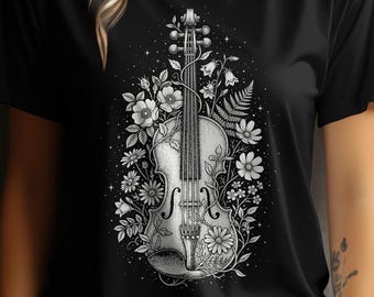 Floral Gothic Violin T-Shirt, Romantic Goth Dark Academia Top