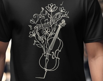 Maglietta con motivo floreale per violoncello, maglietta con motivo orchestrale, regalo per musicisti d'archi e top con musica classica