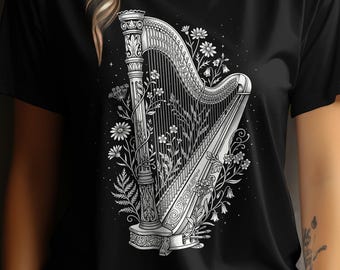 Floral Gothic Harp T-Shirt, Romantic Goth Dark Academia Top, Musician Gift