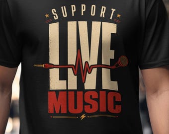 Support Live Music Shirt, Heartbeat Microphone Tee, Music Lover Gift for Men and Women, Vintage Concert T-Shirt, Retro Audio Design
