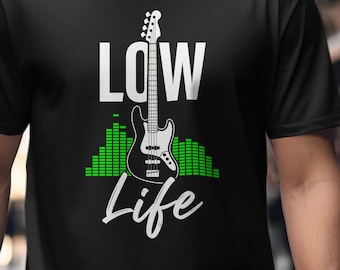 Low Life bas, basgitaar cadeau, shirt grappig muzikant, cadeau voor hem en haar, retro bassist T-shirt, heren- en damesgitaart-shirt