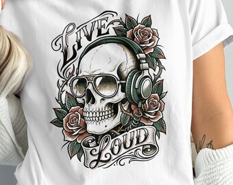 Live Loud Skull, Vintage Music Lover Shirt, Edgy DJ T-Shirt Gift For Him, Retro Musician Tee For Women, Comfort Colors