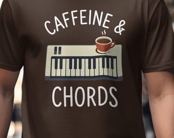 Keyboard Coffee Cup, Caffeine & Chords, Musician T-Shirt, Piano Player Gift For Men, Vintage Music Lover Tee, Birthday Gift For Her