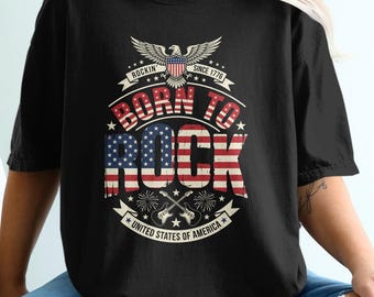 Born To Rock Eagle, Comfort Colors 4th Of July Shirt, Vintage Musician Tee Gift For Guitarist, Patriotic Rock T-Shirt For Men And Women