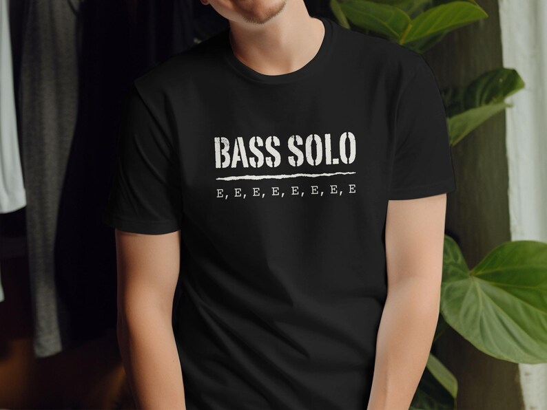 Black t-shirt with "BASS SOLO" and repeated "E" on the chest.