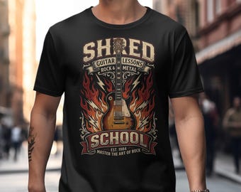 Shred School Guitar Lessons T-Shirt, Vintage Rock Metal Music Teacher Top