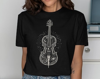 Moonlit Cello, Celestial Cello Shirt, Gift for Cellist, Musician Tee for Men and Women, Minimalist Boho T-Shirt, Cosmic Music Art