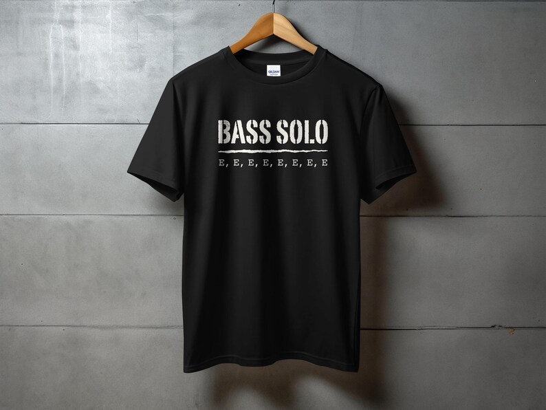 Black t-shirt with "BASS SOLO" and "E, E, E, E, E, E, E, E" text.