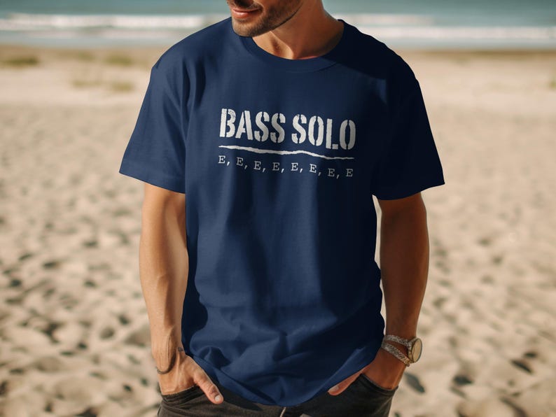 Navy t-shirt with "BASS SOLO" and repeated "E" text.