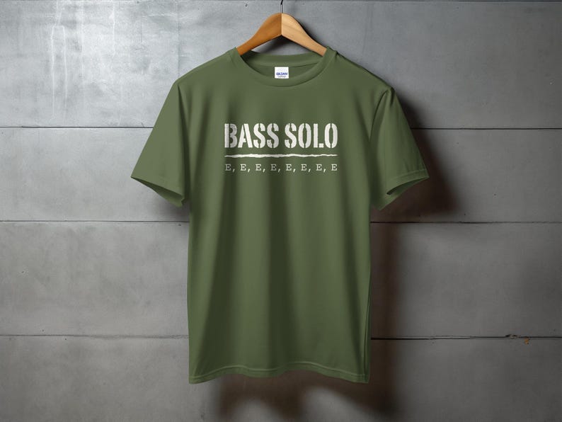 Olive green t-shirt with white "BASS SOLO" text and "E, E, E..." below.