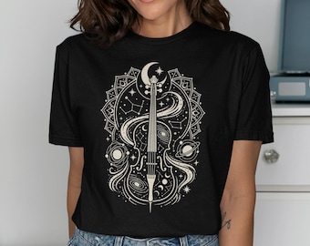 Cosmic Crescendo, Celestial Cello Shirt, Gift for Cellist, Musician Tee for Men and Women, Vintage Boho T-Shirt, Space Music Art